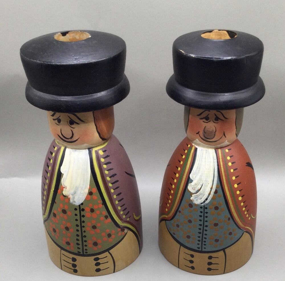 2 Vintage Husfliden Bergen Norwegian Candle Stick Holders Man Wooden Norway